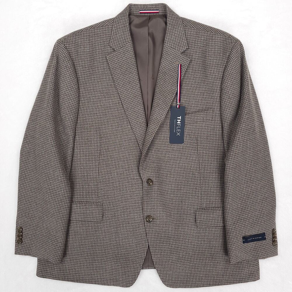 Tommy Hilfiger Mens Modern Fit Sport Coat 46S Beige Brown Houndstooth Wool Blend
